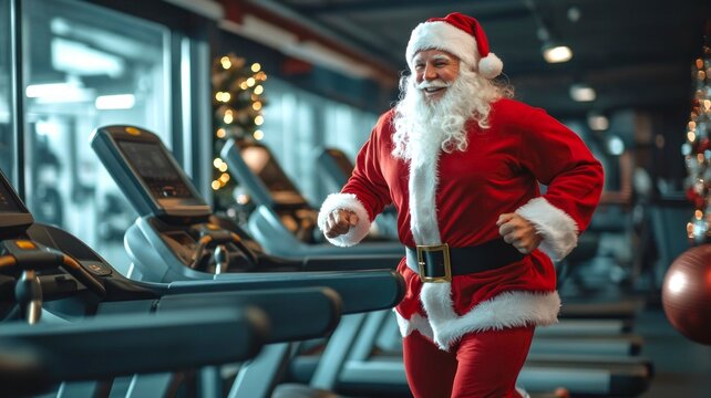 Santa Claus at the gym, running on a treadmill as part of his festive fitness routine. Promoting body health, training, and holiday spirit through Santa's Christmas exercise regimen.