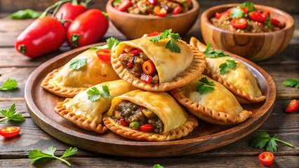 Fototapeta premium Crusty Latin empanadas, stuffed with savory meats, vibrant vegetables, or sweet fruits, sit invitingly on a plate, awaiting eager consumption.