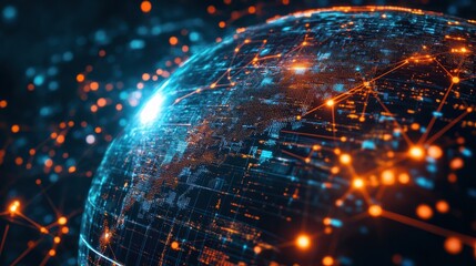Obraz premium A rotating digital globe with data points and connections lighting up, 4K Technological Video Background Animation