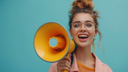 Exciting young pretty woman holding a megaphone isolated on pastel color background