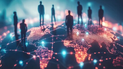 A visual representation of global business structure, emphasizing networking, analysis, data exchange, customer connection, HR recruitment, and global outsourcing....