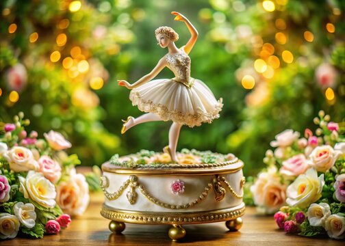 Delicate, porcelain-skinned ballerina twirls on a intricately crafted, ornate music box, surrounded by lush flowers and golden accents, evoking whimsy and nostalgic charm.