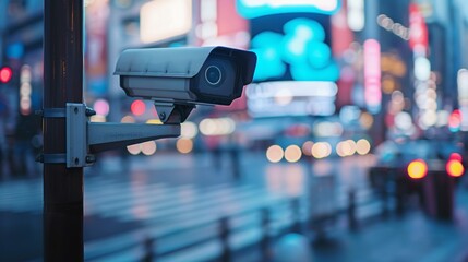 A modern surveillance camera mounted on a street corner, equipped with advanced technology for monitoring traffic and pedestrian activity. The camera is sleek and unobtrusive.