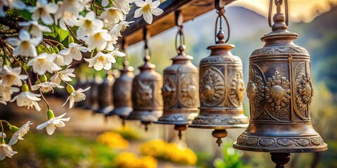 Obraz premium Delicate white flowers bloom amidst intricately etched Tibetan bells, their gentle curves and soft focus evoking a serene, mystical atmosphere in a tranquil Asian setting.