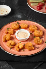 Tempura Shrimp with Cocktail Sauce Crispy and Delicious Dish on Rustic Plate