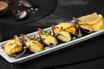 Baked Mussels with Cheese Gourmet Seafood Dish on Elegant Plate