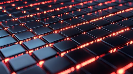 Obraz premium Abstract red glowing lines on black metallic squares surface.