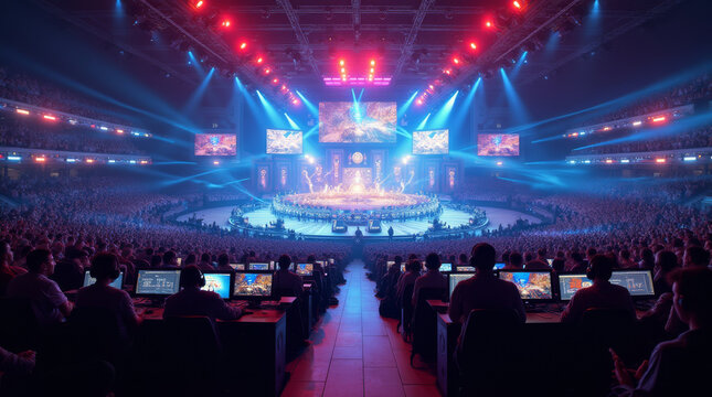 E-Sport, Arena, Wettkampf, Gaming, Computerspiele, Turnier, Publikum, B&uuml;hne, Beleuchtung, Bildschirme, Spieler, Technologie, Unterhaltung, Gro&szlig;veranstaltung, Lichtshow, Zuschauerbereich, Sitze, Online