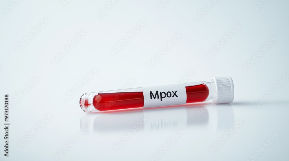Poster single test tube labeled 'mpox' with red liquid in a sterile lab environment. focus on virus testing