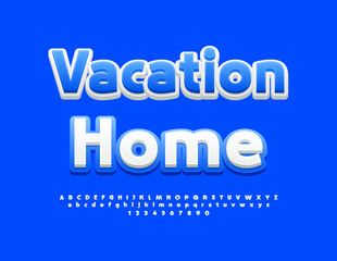 Vector travel logo Vacation Home. Bright White and Blue Font. Modern Alphabet Letters and Numbers set.
