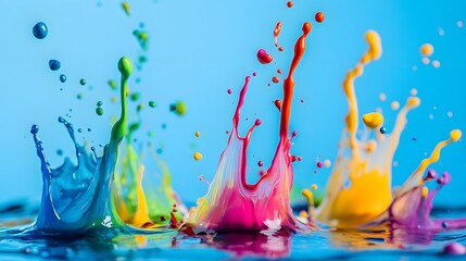Colorful Paint Splashes on Blue Background, Abstract Image, Texture, Pattern Background, Wallpaper, Cover and Screen of Smartphone, PC, Laptop, 9:16 and 16:9 Format