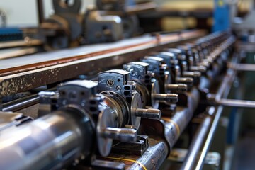 Naklejka premium A row of metal parts are being manufactured, generative ai image