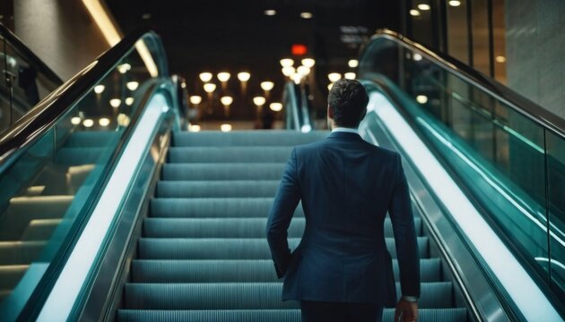 man in a suit on an escalator going up, rear view, ai