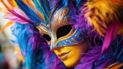 Brightly colored carnival mask adorned with feathers showcases artistic craftsmanship at a vibrant festival