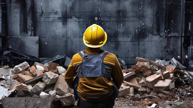 Construction worker in hard hat and safety vest sits among rubble, examining a damaged building, showing the importance of safety in construction