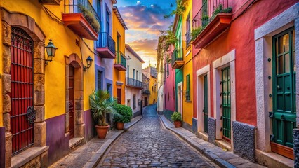 Fototapeta premium Narrow, picturesque alleyway in Guanajuato, Mexico, with colorful buildings, cobblestone streets, and a romantic ambiance, perfect for capturing intimate moments and Latin American charm.