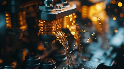 Close-up of a Mechanical Component with Liquid Flowing Through It