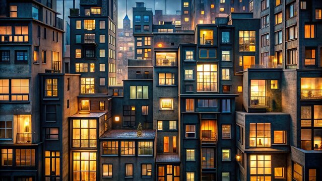 Mysterious dimly-lit cityscape at dusk, a labyrinth of abstracted windows and architectural forms, inviting the viewer to peek into the private lives of the unknown.