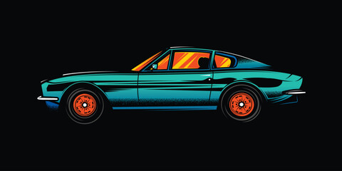 The American muscle car. Original vector illustration in vintage style isolated on black background. T-shirt design.