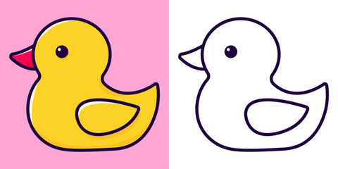 Cute yellow duck. Coloring page for kids. Vector illustration