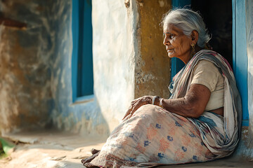 Indian Elderly Woman in a Rural Setting: An older woman in a sari, sitting outside her home in a rural village, relaxing in the afternoon sun, capturing the simplicity and wisdom of rural life.