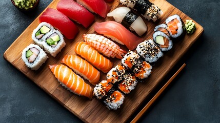 Assorted sushi rolls and nigiri on a wooden board, with a pair of chopsticks and a bowl of wasabi.