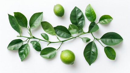 Two limes and a branch of green leaves are arranged on a white background.