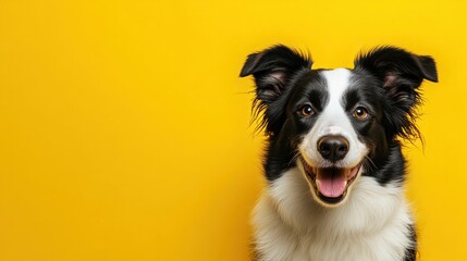 Fototapeta premium Border collie isolated on yellow background with copy space. Close up portrait of happy smiling sheepdog dog face head looking at camera. Banner for pet shop. Pet care and animals concept for ads card