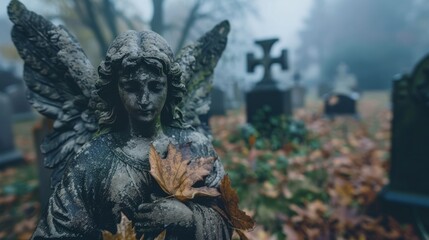 Fototapeta premium A somber angel statue with weathered features standing in a misty graveyard, surrounded by overgrown grass and fallen leaves. Close-up photo with clean background