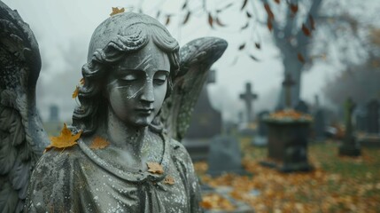Fototapeta premium A somber angel statue with weathered features standing in a misty graveyard, surrounded by overgrown grass and fallen leaves. Close-up photo with clean background