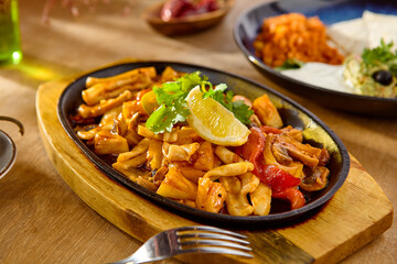 Delicious Squid Fajitas with Fresh Vegetables on Wooden Serving Platter