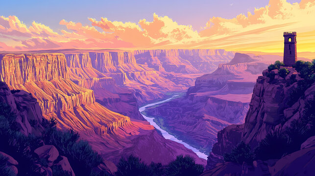 Stunning panoramic view of the grand canyon at sunset with watchtower overlooking vibrant rock formations and the colorado river below. Grand Canyon. Illustration