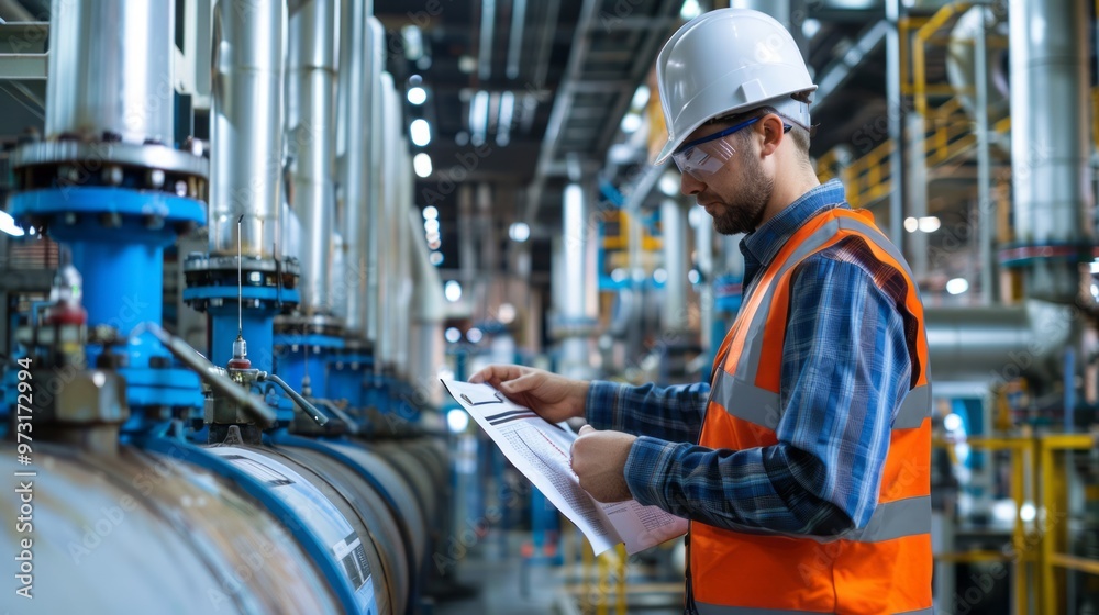 Poster a man in a safety vest is reading a piece of paper while standing in a factory