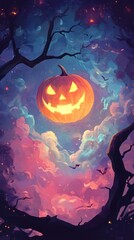 Mystical pumpkin sky with swirling clouds and eerie orange glow for Halloween scene.