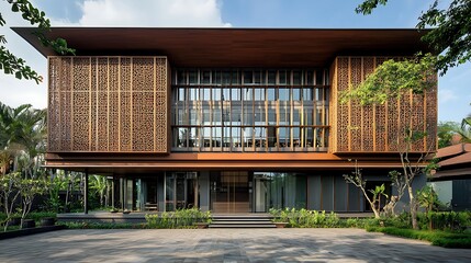 A modern house with a wooden facade and large glass windows. The house has a unique design with intricate patterns on the walls and a large patio in front.