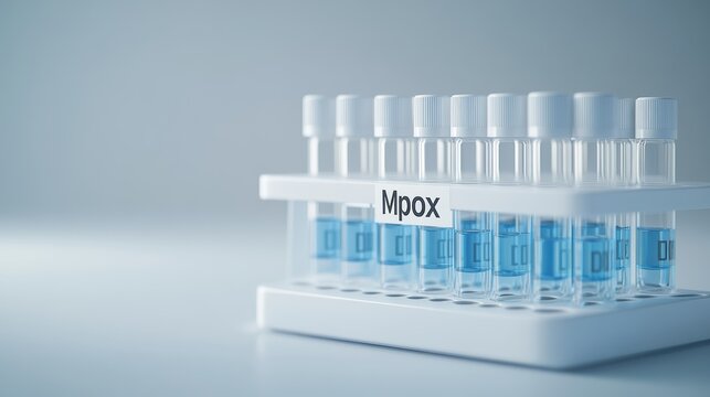 Test tubes labeled 'Mpox' arranged in a rack for virus research. Medical analysis related to monkeypox virus studies.