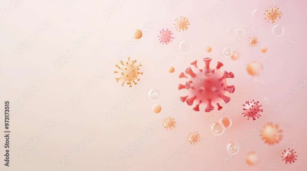 Poster 3d illustration of monkeypox virus floating in pink background. representation of viral outbreak and