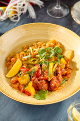 Vibrant Sweet and Sour Chicken with Bell Peppers and Vegetables in Warm Lights and High Contrast