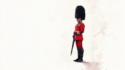 Ceremonial guard in traditional red uniform standing watch during a royal event in London, dressed in bearskin hat and holding a rifle