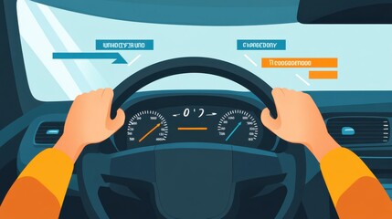 illustration of a man driving a car with focus on dashboard data and speed indicators for safe driving