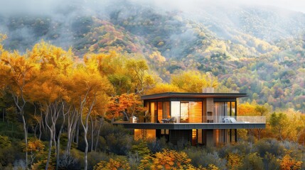 A house is built on a hillside with a view of the mountains