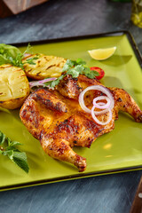 Grilled Chicken with Potatoes on Green Plate Rustic Gourmet Cuisine