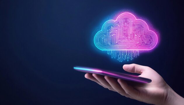 cloud with circuit board pattern emerging from a digital tablet, smart cloud computing  technology . Data Storage and Processing management, Digital Connectivity through Cloud Networks.
