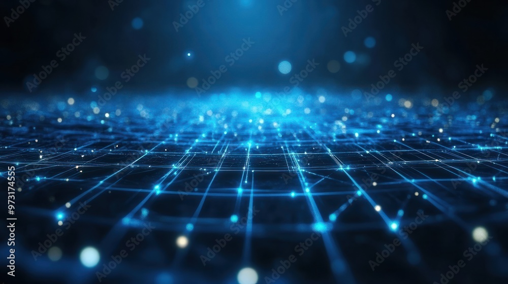 Wall mural digital connectivity with abstract blue technology background and cyber network grids