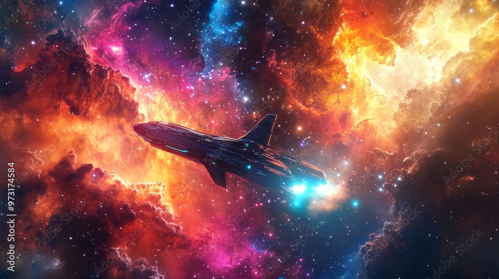 Wall mural spaceship flying through colorful interstellar clouds in space