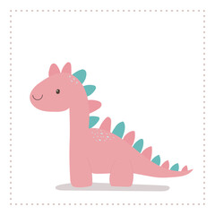 Cute pink cartoon dinosaur with blue spikes in a simple, colorful design on a white background, perfect for children's decor and illustrations