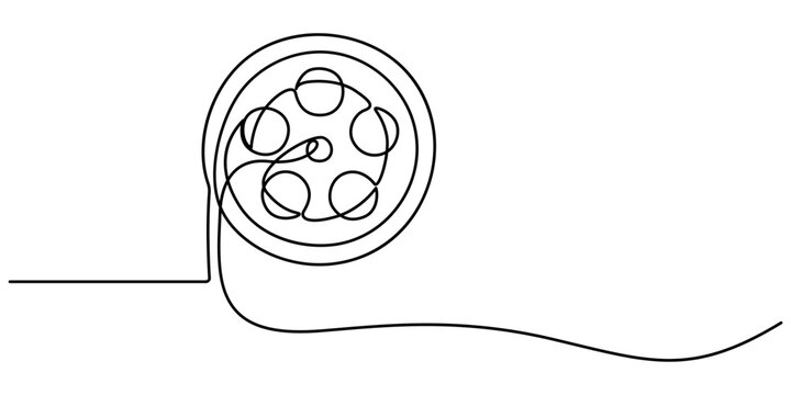 recommend clip art: Continuous one line drawing cinema film strip. Vintage cinema element isolated on a white background. Vector illustration, One continuous line drawing of film reel with long tape. Retro old movie