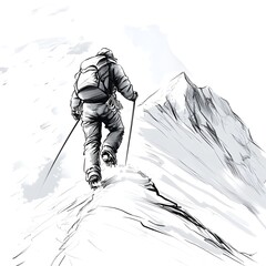 Solitary Mountaineer Ascending Majestic Snow Capped Peak in Remote Wilderness Landscape