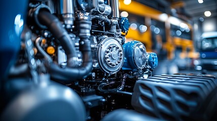 Fototapeta premium Close-up of a Powerful Tractor Engine with Blue Components