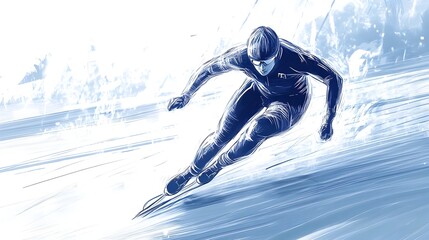 Downhill Skier in High Speed Descent on Snowy Mountain Slope